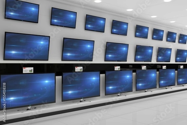 Fototapeta TV screens are filling black shelf in showroom, with price tags, glossy tiles and recessed lights