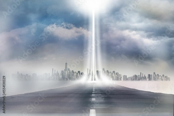 Obraz Flat design asphalt road is stretching into foggy city skyline with two vertical light beams