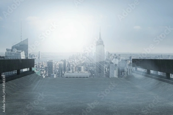 Obraz Flat design rooftop terrace is showing urban skyline with skyscraper, metal railings and lens flare