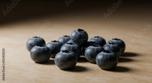 Fototapeta Pile of blueberries on a wooden surface with soft lighting.