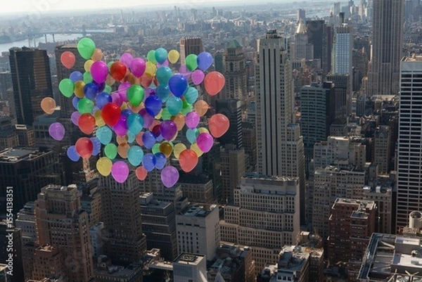 Obraz Many colourful balloons above city