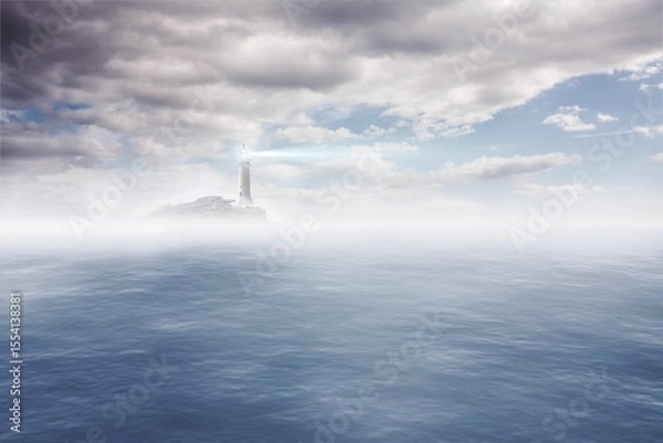Fototapeta Flat vector art is showing solitary white lighthouse shining light on rocky islet amid misty sea