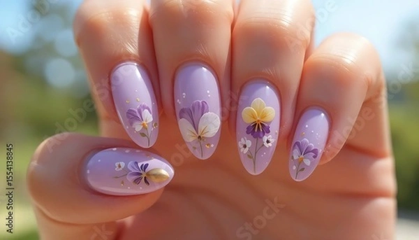 Fototapeta Artistic almond nails with a soft lavender base accented by charming small white and yellow floral illustrations, evoking a whimsical spring meadow.