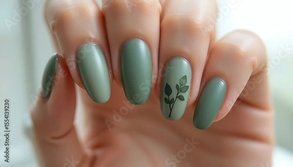Fototapeta A close-up of a hand with impeccably manicured nails painted in varying shades of matte olive green, with one nail featuring a delicate black leafy branch design, suggesting a modern and natural aesth