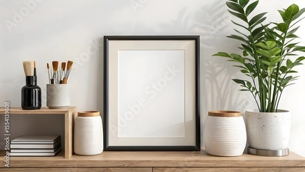 Fototapeta Modern luxury apartment interior features an empty living room with a sofa, a table, and a large window, showcasing contemporary design and wooden floor