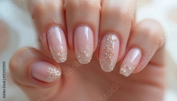 Fototapeta  Elegant close-up of almond-shaped nails with a soft, natural nude pink base, featuring a delicate sprinkle of fine glitter on some nails, adding subtle sparkle. 