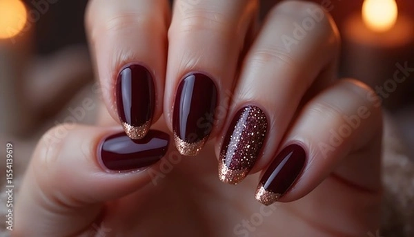 Fototapeta Luxurious close-up of almond-shaped nails in a deep, rich burgundy or dark red metallic finish, some with a subtle shimmer, perfect for a sophisticated look. 
