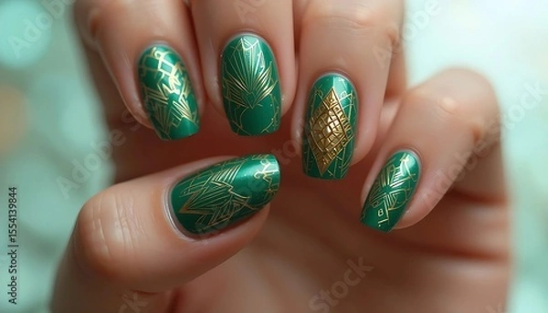 Fototapeta Close-up of almond-shaped nails in a vibrant metallic green finish, featuring some nails with a unique texture or glitter effect, perfect for a bold and modern look. 