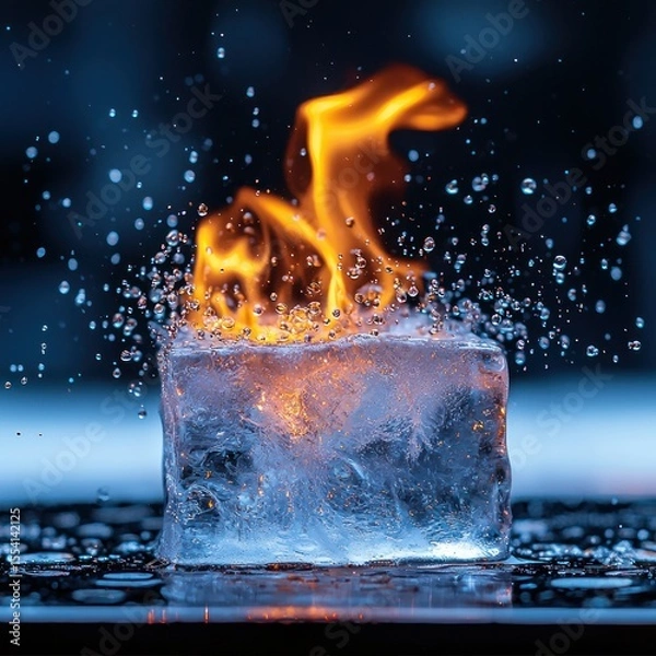 Fototapeta Burning ice cube, water splashes