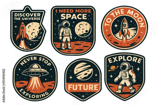 Obraz A collection of vintage space-themed badge illustrations with astronauts, rockets, planets, UFOs, and space exploration quotes. Perfect for stickers, patches, t-shirts, and other designs.