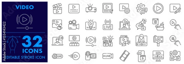 Fototapeta Video outline icon set. projector, camera, Cinema, media, film, viewer, Live, Play, Online Video, video, editing and Editable Stroke Icon