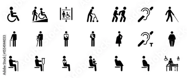 Fototapeta Set of accessibility icons showing disability support, mobility aids, hearing and vision impairment, elderly care, inclusive seating, parenting, and medical assistance.