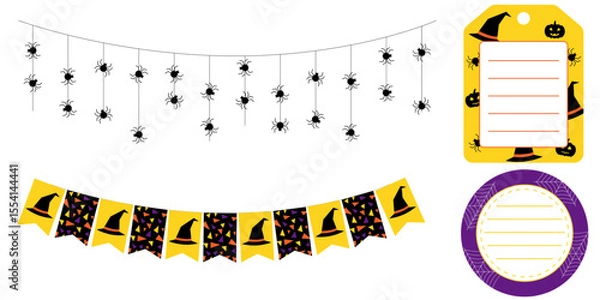 Fototapeta Halloween garlands and stickers in purple orange black and yellow. Round square and rectangular labels with spooky themes. Vector decorations for party packaging scrapbooking and design.