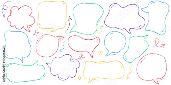 Fototapeta Crayon style hand drawn speech bubbles and talk clouds for text. Cute pastel dialog frames and doodle balloons for kids. Chalk line cartoon boxes with handwriting effect from Japanese design.