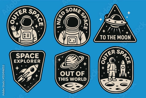 Obraz A collection of vintage space-themed badge illustrations with astronauts, rockets, planets, UFOs, and space exploration quotes. Perfect for stickers, patches, t-shirts, and other designs.