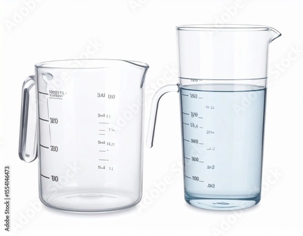 Fototapeta Two measuring cups side by side – one empty, one filled to 1L mark with water, fluid