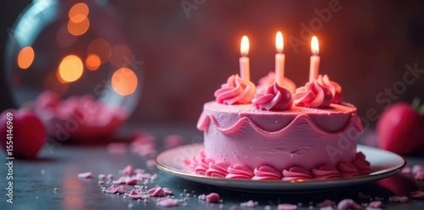 Fototapeta Delicate pink cake with lit candles, magical bokeh , blurred, whimsical
