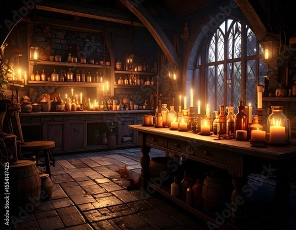 Fototapeta Witch’s room with potion bottles and candles, 3D render