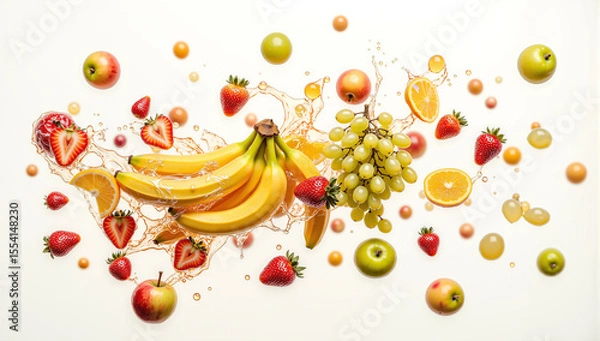 Fototapeta banana fruit splash green grapes red grapes apple and banana combo fresh strawberries citrus fruits orange and apple juicy banana bunch fruit mix splash pomegranate fruit vibrant fruit 