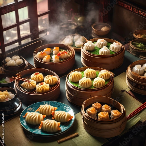 Obraz 4K Resolution Live-Action Composite Image of Traditional Chinese Dim Sum Feast