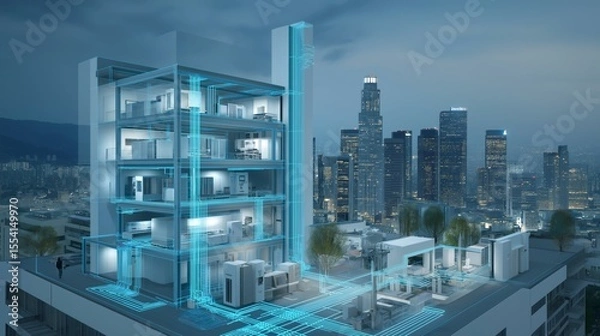 Fototapeta A modern smart building showcases integrated energy management technology, optimizing energy use while overlooking a vibrant city skyline in the evening light