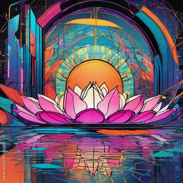 Obraz Geometric Abstraction of Neon Lotus Lake in Elevation Drawing