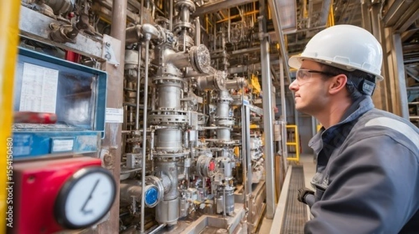 Fototapeta Technician monitors an enhanced geothermal system heat exchanger in a facility
