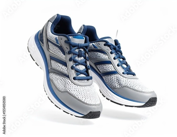 Fototapeta Pair of gray and blue running shoes on a white backdrop