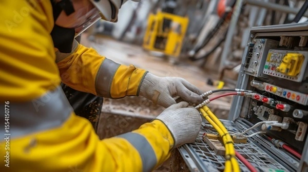 Fototapeta Technician in yellow safety clothing performing cable splicing and jointing in an industrial setting, focusing on managing wires and connections near machinery