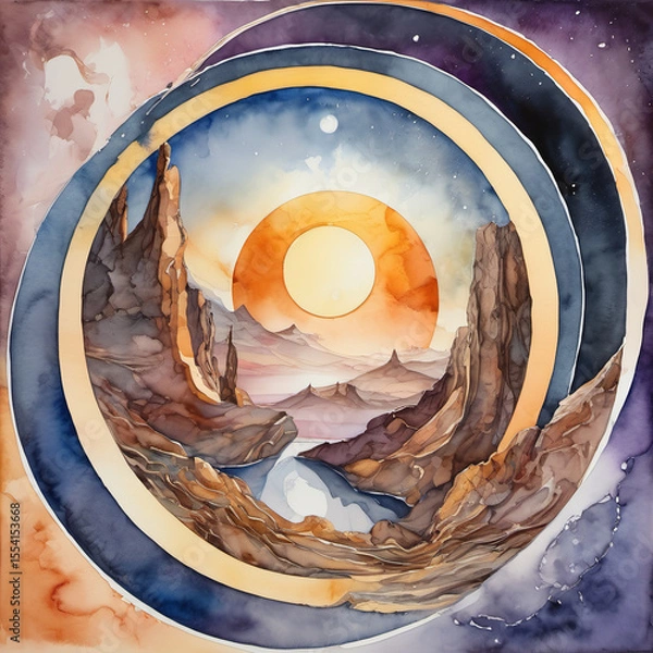 Obraz Anamorphic Perspective of Solar Eclipse in Watercolor