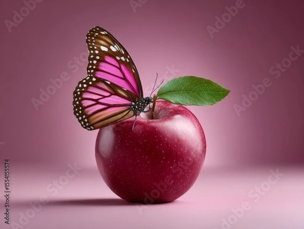 Fototapeta Apple with Butterfly Transforming in Soft Pink Background