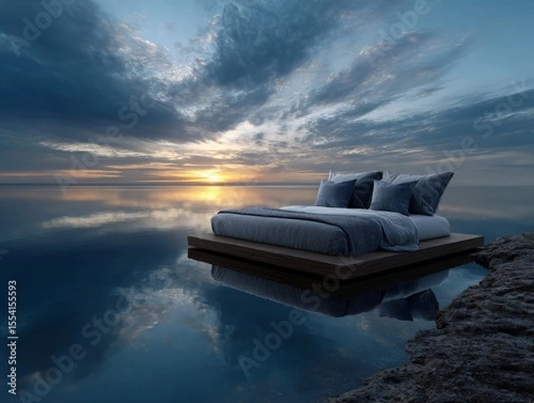 Fototapeta Serene Bed Levitation Over Calm Sea with Reflection in Sky