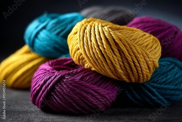 Fototapeta Colorful Close-Up of Tangled Wool Yarn Strands in Macro Photography