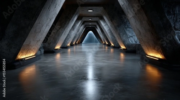 Fototapeta Futuristic Symmetrical Hallway with Glowing Neon Lights and Shadows