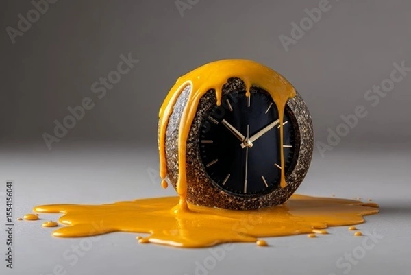 Fototapeta Melting Clock Design with Orange Liquid draping Over a Beige Surface