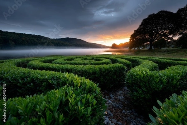 Fototapeta Mysterious Green Maze at Sunrise with Long Shadows and Fog