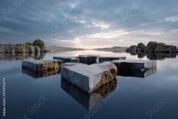 Fototapeta Surreal and Symmetrical Composition of Floating Islands on Water