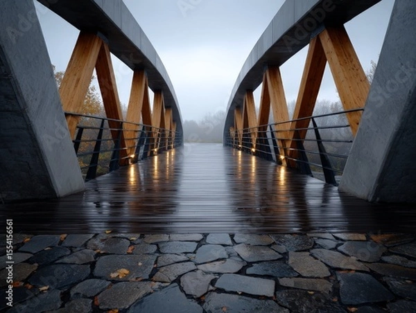 Fototapeta Modern Symmetrical Bridge Structure in Misty Landscape