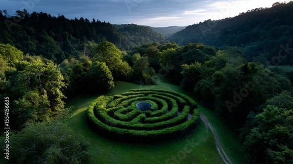 Fototapeta Aerial View of a Circular Green Maze Surrounded by Lush Landscape