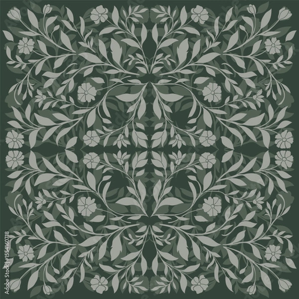 Fototapeta Seamless pattern with leaves and flowers on a green background
