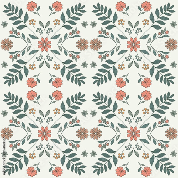 Fototapeta Seamless pattern with decorative flowers and leaves
