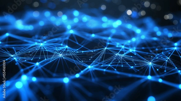 Fototapeta Abstract digital network, interconnected glowing blue nodes and lines, neural network. Ai generated image