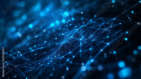 Fototapeta Abstract digital network, interconnected glowing blue nodes and lines, neural network. Ai generated image
