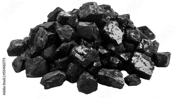 Fototapeta A striking pile of raw coal shimmers against a dark backdrop, perfect for illustrating energy, mining, or industrial themes, transparent background