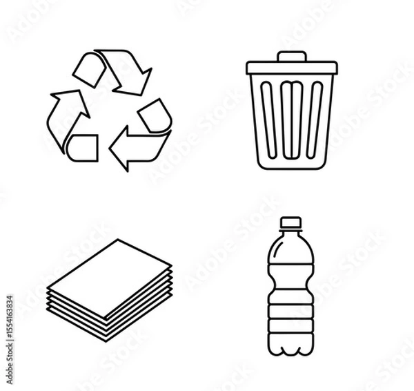 Obraz Outline drawing featuring a recycle symbol, trash bin, stack of papers, and a plastic bottle icon set