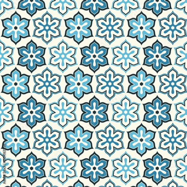 Fototapeta Seamless pattern with decorative flowers in blue and white colors

