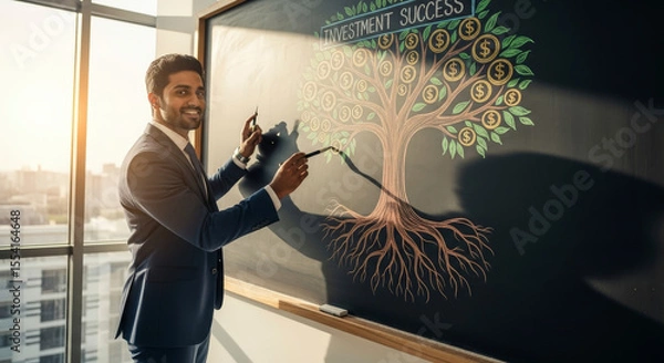 Fototapeta Enthusiastic Businessman Drawing Money Tree on Chalkboard in Bright Office Representing Financial Growth and Investment Strategy Wearing a Blue Suit