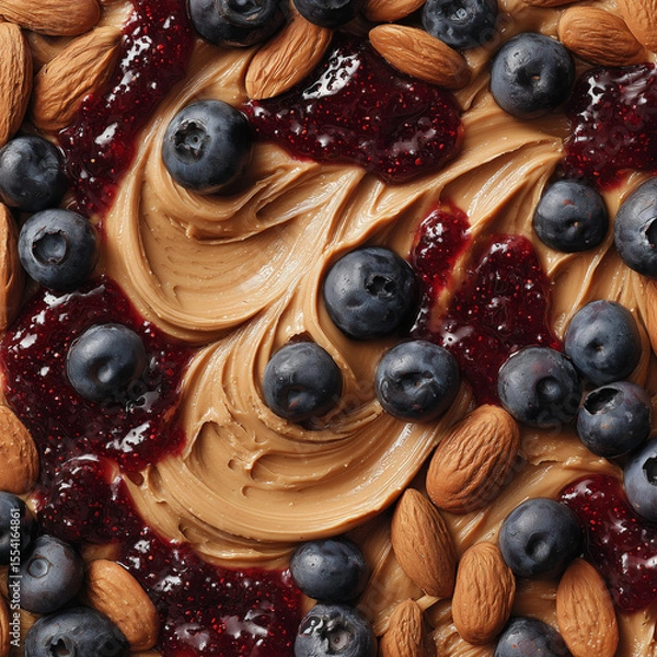 Fototapeta peanut butter and jelly with fresh blueberries and almonds 