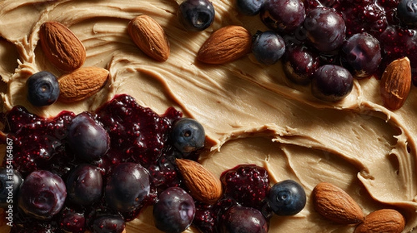 Fototapeta peanut butter and jelly with fresh blueberries and almonds 