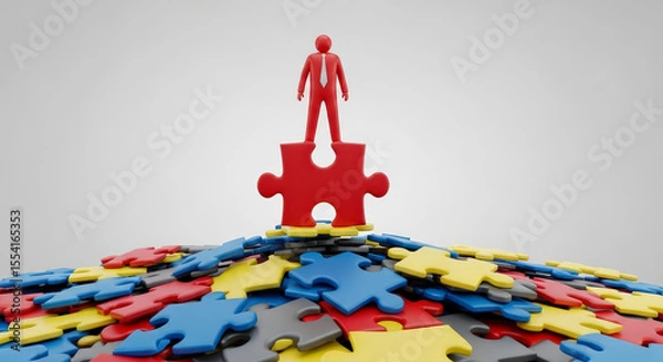 Fototapeta Conceptual 3D Render of Red Human Figure Standing Atop Red Puzzle Piece Amidst Colorful Pile Illustrating Leadership and Success on White Background
